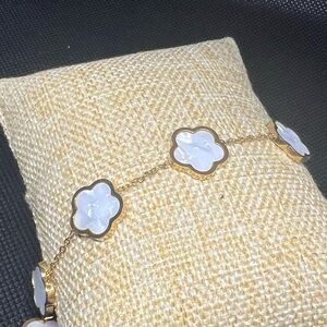 Stainless Steel Gold and Mother of Pearl White Clover Bracelet